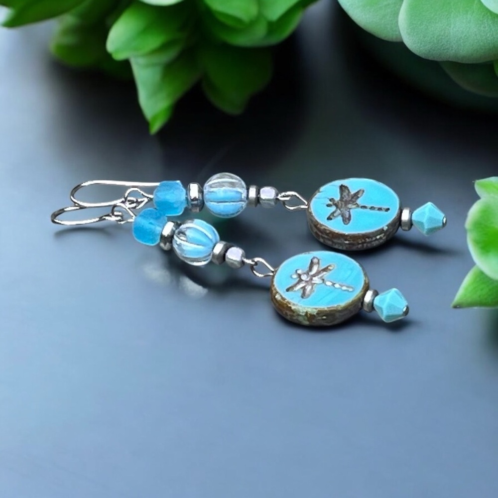 Handcrafted blue dragonfly Czech glass dangly earrings - Picture 8 of 8